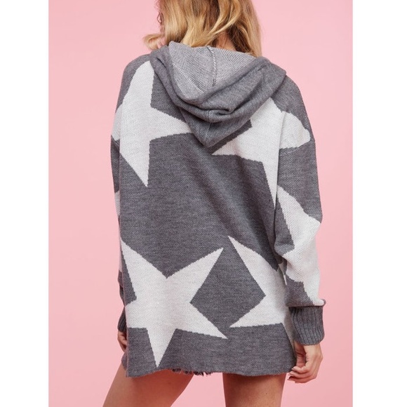Gray White Star Hoodie Sweater Knit Tunic Top - Picture 4 of 8